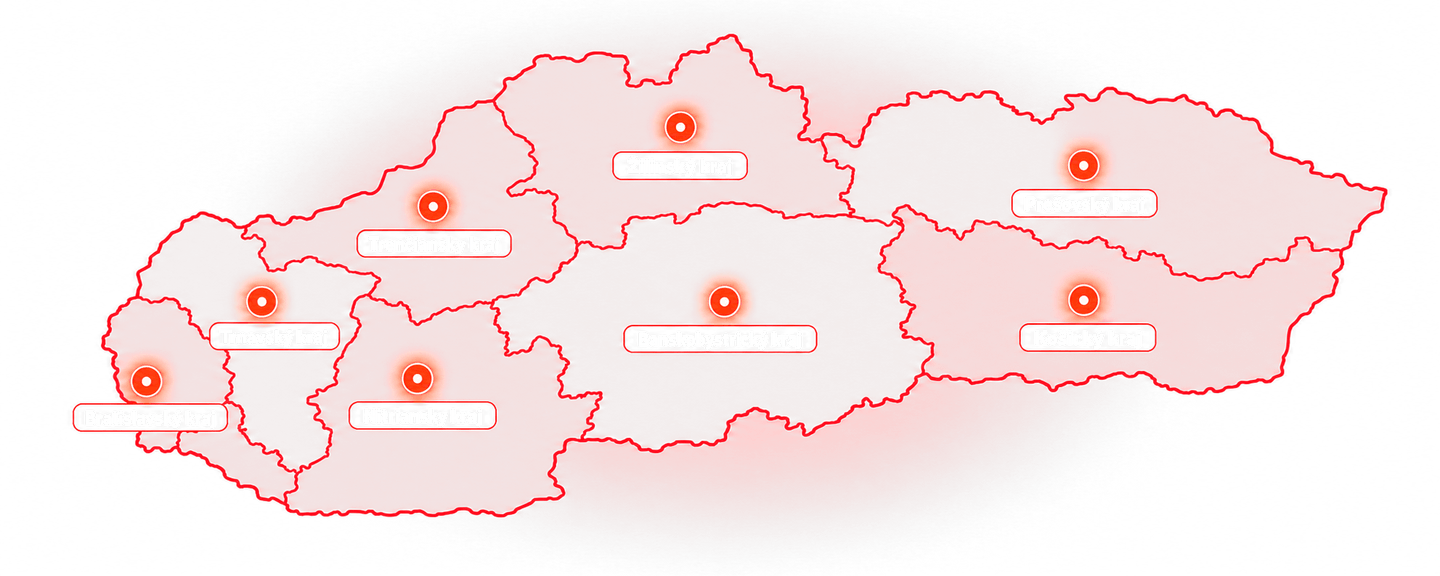 Mapa Slovenska s ôsmimi krajmi, v ktorých PROMETHEUS realizuje rekonštrukcie